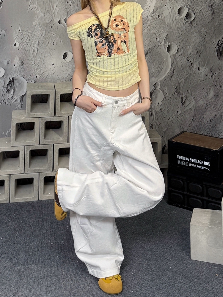 Women's American-Style White Patchwork Denim Overalls - Summer Loose Wide-Leg Straight-Leg Curved Pants Women's American-Style White Patchwork Denim Overalls - Summer Loose Wide-Leg Straight-Leg Curved Pants