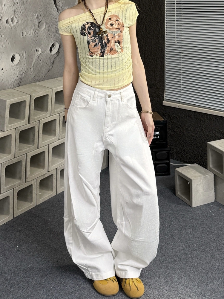 Women's American-Style White Patchwork Denim Overalls - Summer Loose Wide-Leg Straight-Leg Curved Pants Women's American-Style White Patchwork Denim Overalls - Summer Loose Wide-Leg Straight-Leg Curved Pants