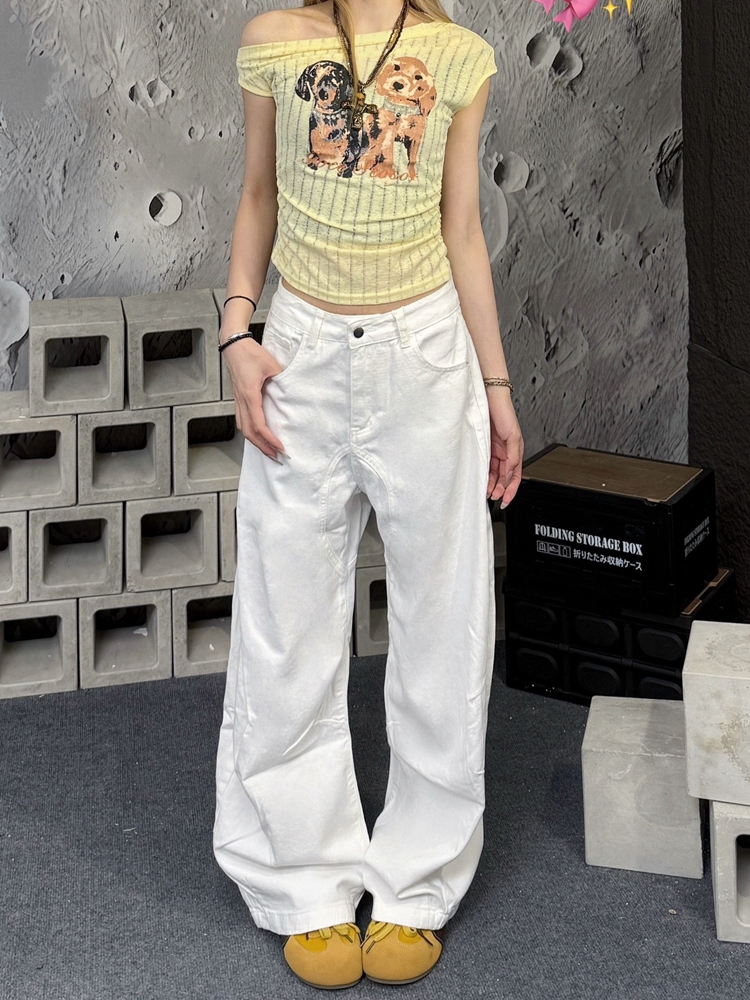 Women's American-Style White Patchwork Denim Overalls - Summer Loose Wide-Leg Straight-Leg Curved Pants