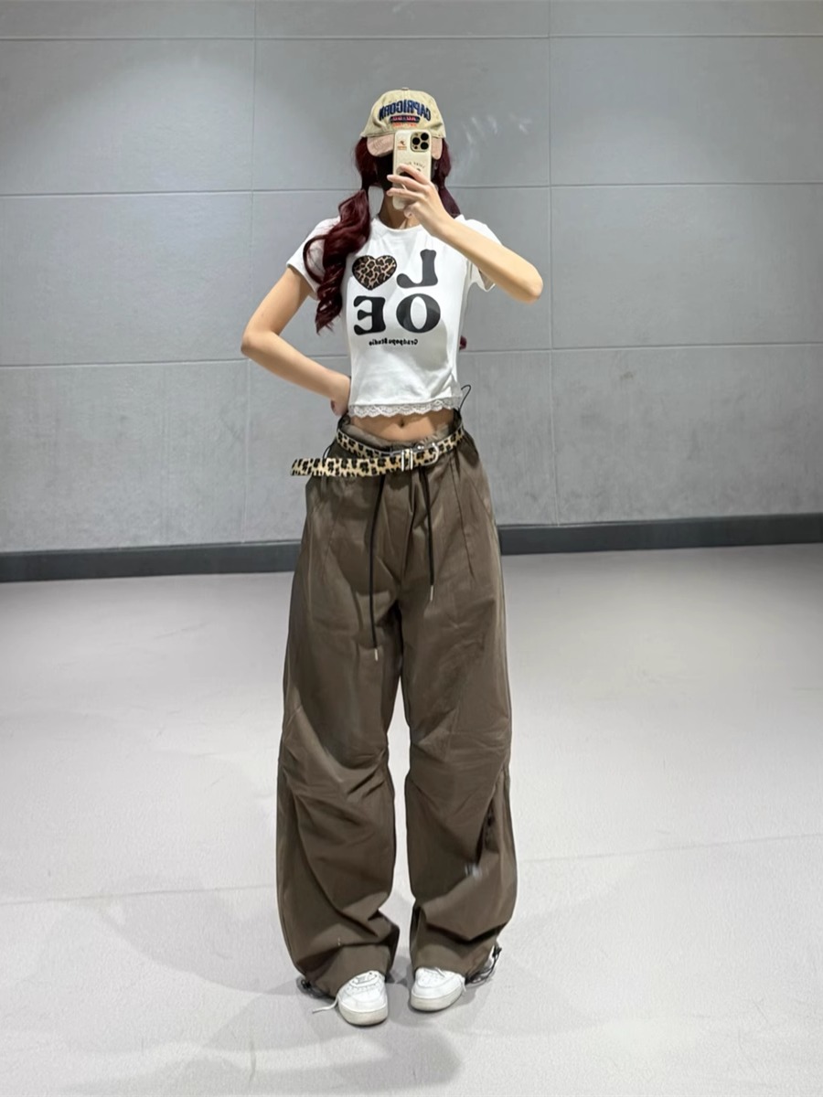 Women's American Vintage Brown Work Pants - Summer Thin Jazz Dance Loose Straight Wide-Leg Trousers for a Retro 90s Look