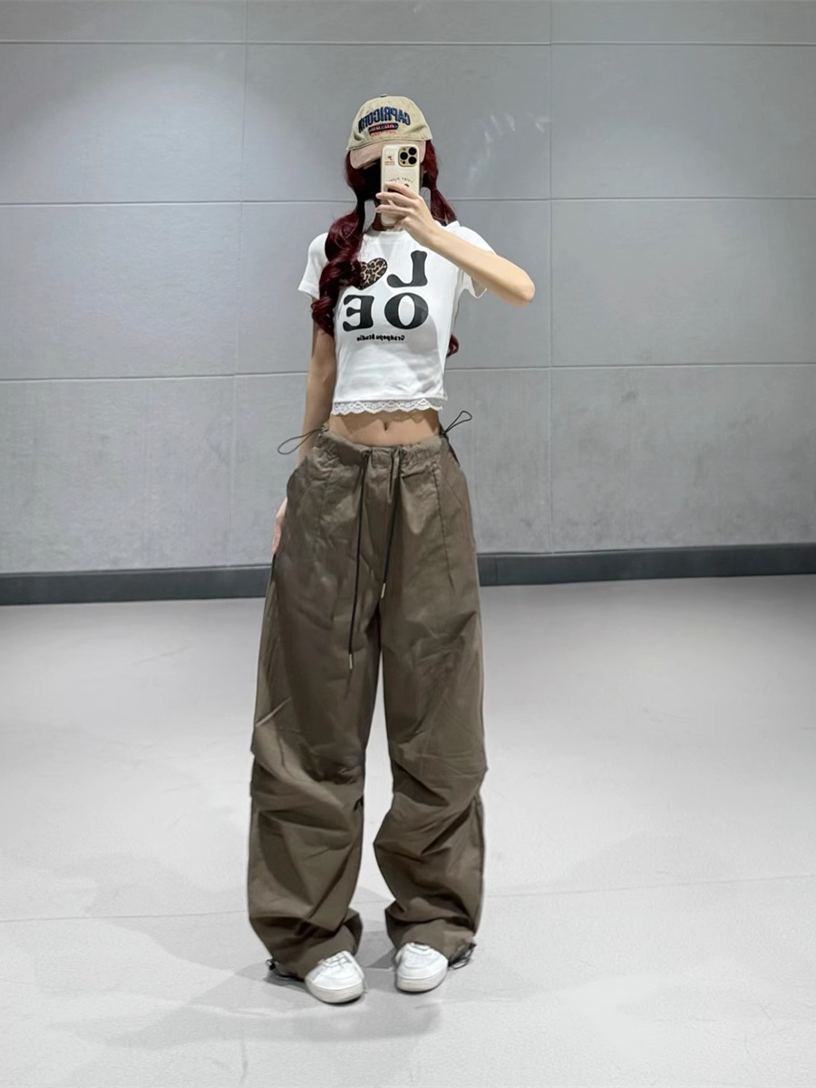 Women's American Vintage Brown Work Pants - Summer Thin Jazz Dance Loose Straight Wide-Leg Trousers for a Retro 90s Look Women's American Vintage Brown Work Pants - Summer Thin Jazz Dance Loose Straight Wide-Leg Trousers for a Retro 90s Look