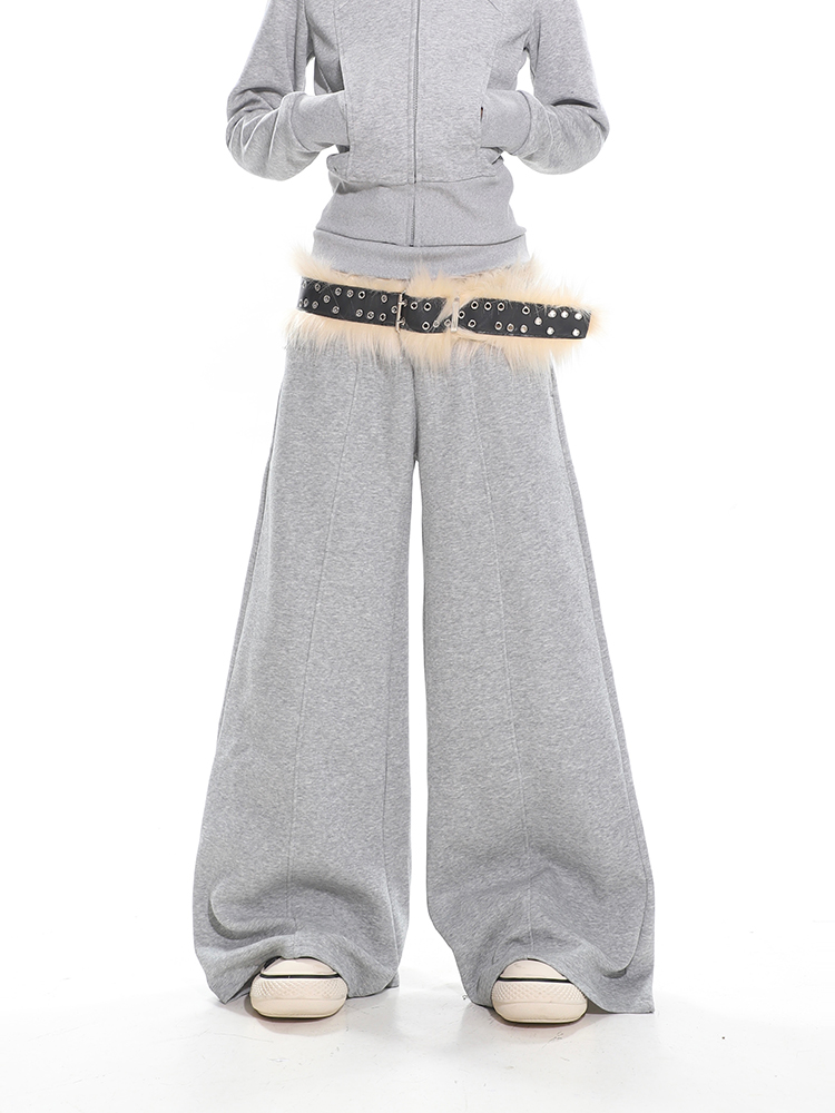 Women's American Vintage Casual Sports Pants - Thickened Gray Loose Draped Wide-Leg Sweatpants for Autumn Winter Style