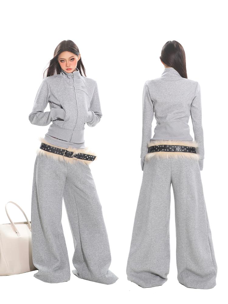 Women's American Vintage Casual Sports Pants - Thickened Gray Loose Draped Wide-Leg Sweatpants for Autumn Winter Style