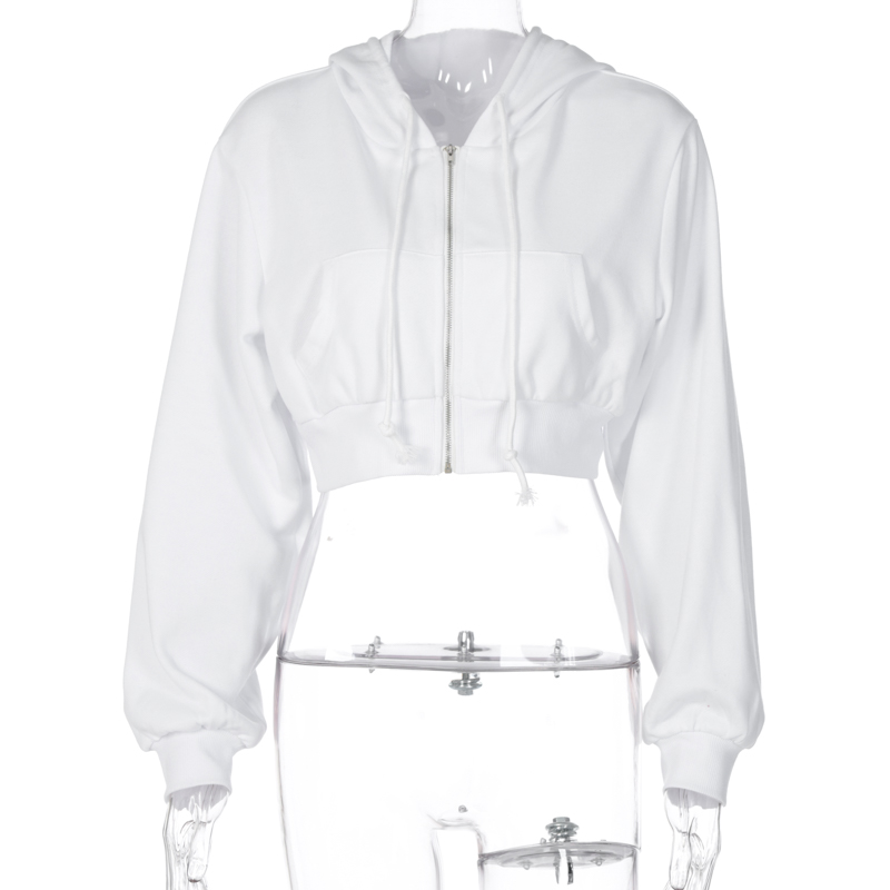 Women's Autumn Solid Color Drawstring Hooded Sweatshirt - Trendy Short High-Waisted Long Sleeve Cardigan