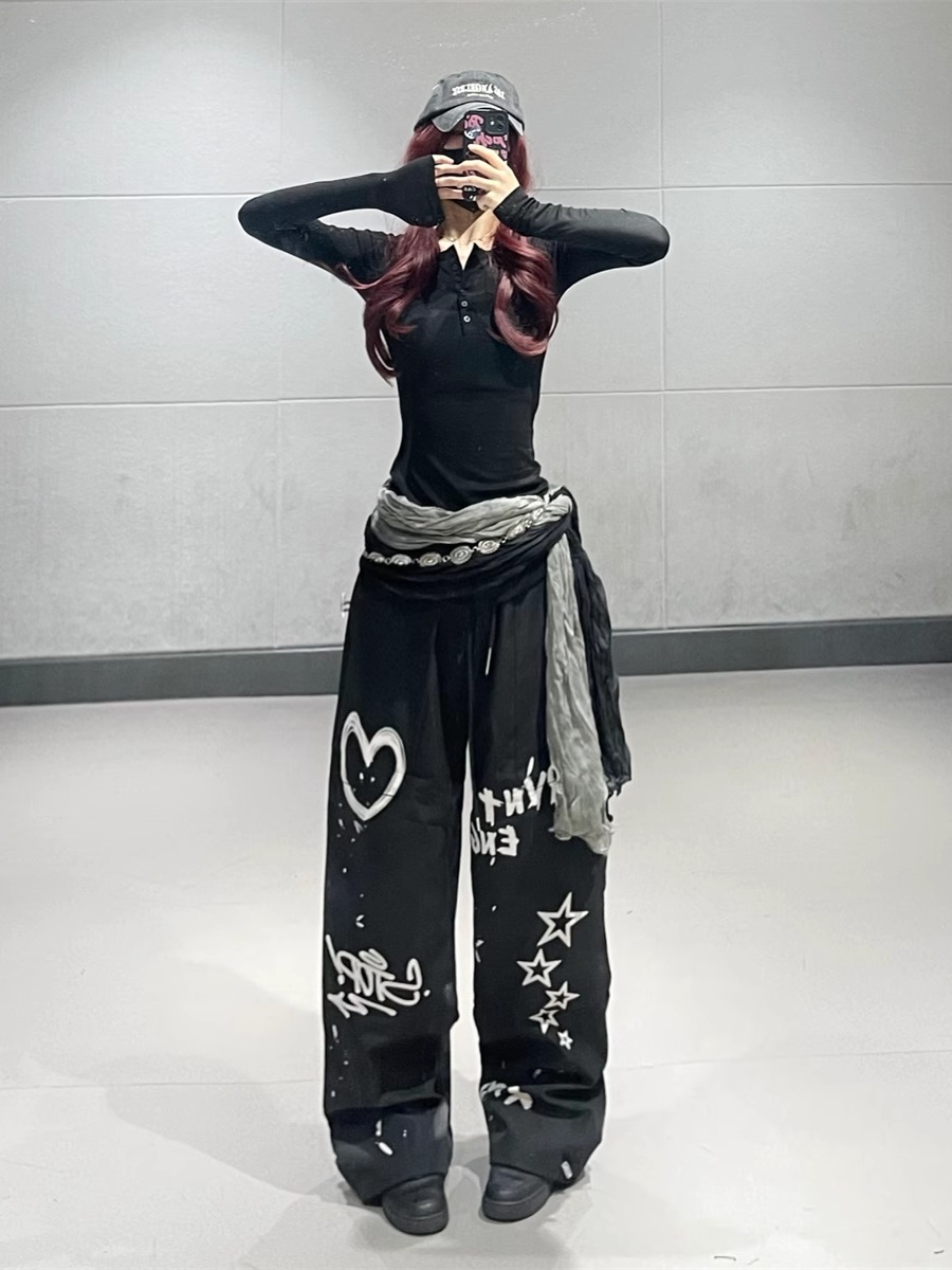 Women's Autumn Winter Black Graffiti Printed Straight-Leg Sports Pants Jazz Dance Outfit Casual Work Pants