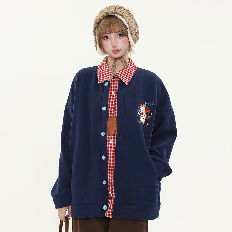 Women's Autumn Winter Fleece Hoodie with Cute Dog Embroidery and Plaid Spliced Design - Thick Two-Piece Look Jacket