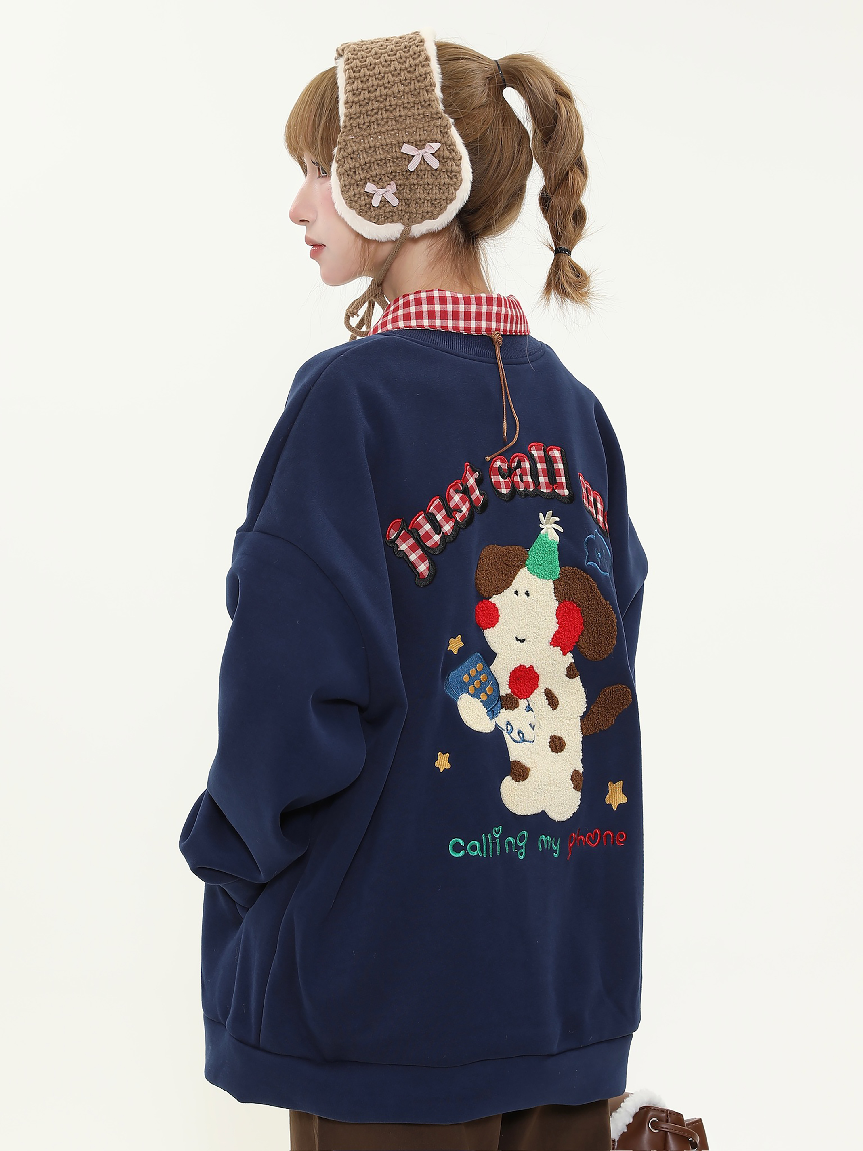 Women's Autumn Winter Fleece Hoodie with Cute Dog Embroidery and Plaid Spliced Design - Thick Two-Piece Look Jacket Women's Autumn Winter Fleece Hoodie with Cute Dog Embroidery and Plaid Spliced Design - Thick Two-Piece Look Jacket