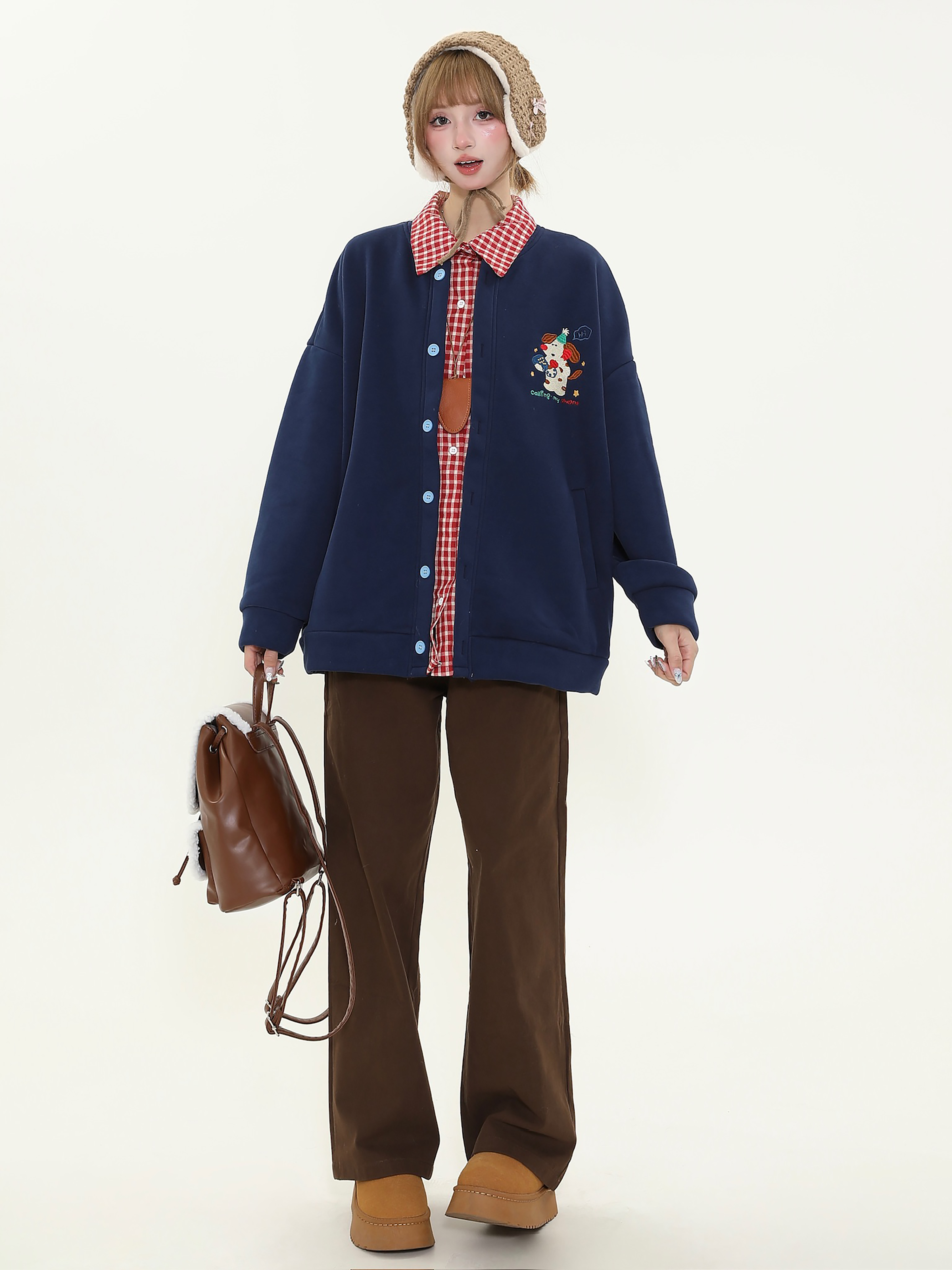 Women's Autumn Winter Fleece Hoodie with Cute Dog Embroidery and Plaid Spliced Design - Thick Two-Piece Look Jacket Women's Autumn Winter Fleece Hoodie with Cute Dog Embroidery and Plaid Spliced Design - Thick Two-Piece Look Jacket