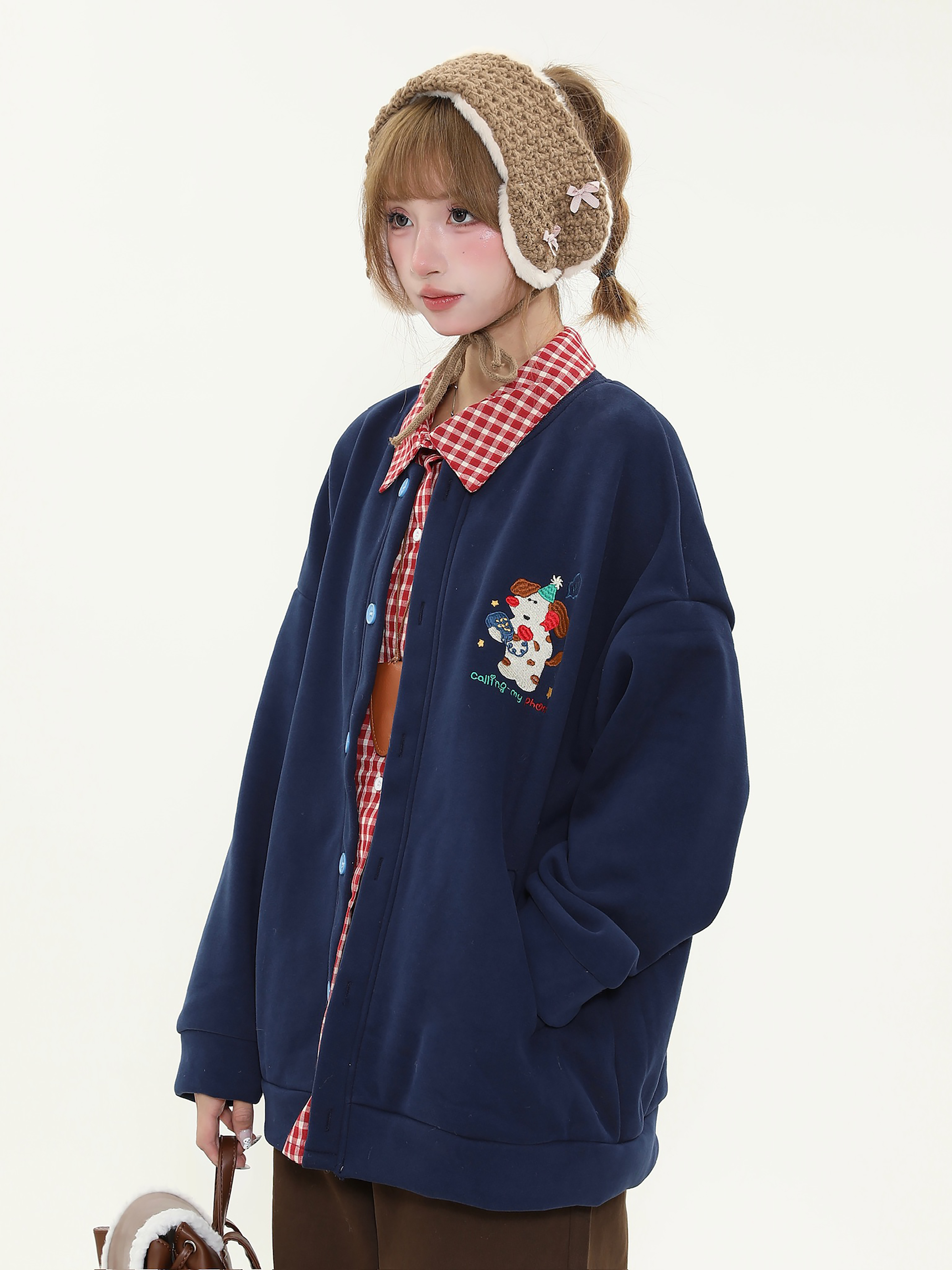 Women's Autumn Winter Fleece Hoodie with Cute Dog Embroidery and Plaid Spliced Design - Thick Two-Piece Look Jacket Women's Autumn Winter Fleece Hoodie with Cute Dog Embroidery and Plaid Spliced Design - Thick Two-Piece Look Jacket