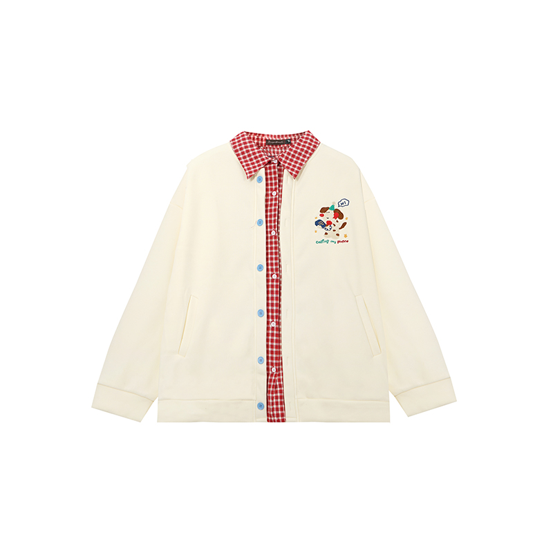 Women's Autumn Winter Fleece Hoodie with Cute Dog Embroidery and Plaid Spliced Design - Thick Two-Piece Look Jacket Women's Autumn Winter Fleece Hoodie with Cute Dog Embroidery and Plaid Spliced Design - Thick Two-Piece Look Jacket