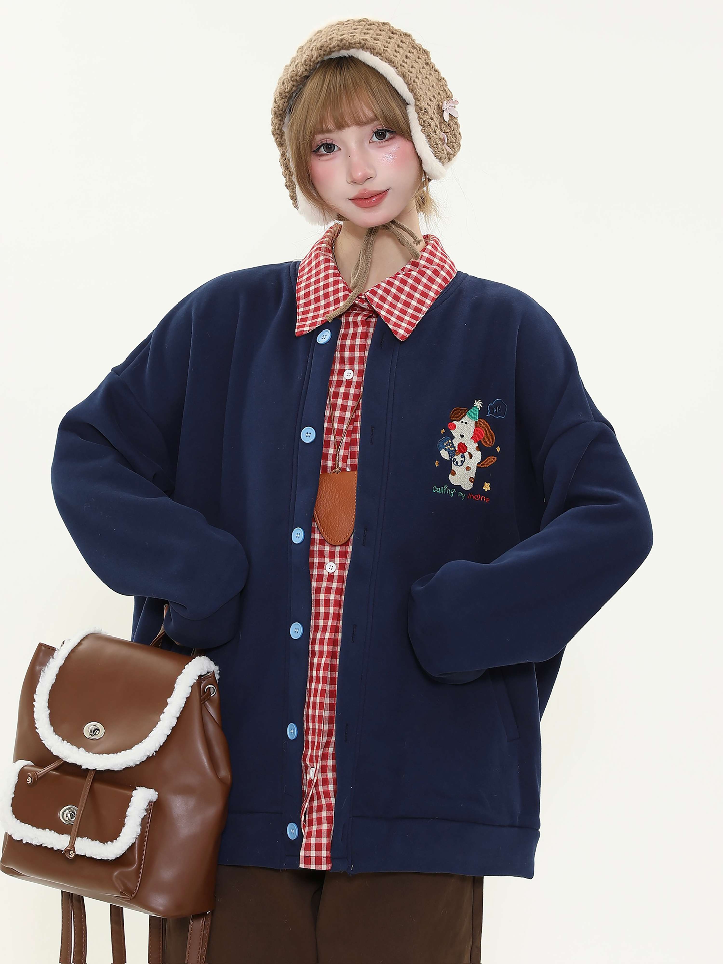 Women's Autumn Winter Fleece Hoodie with Cute Dog Embroidery and Plaid Spliced Design - Thick Two-Piece Look Jacket