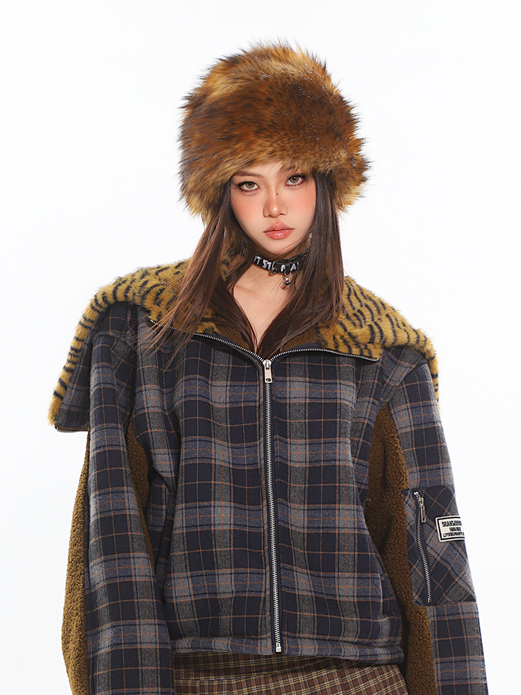 Women's Autumn Winter Navy Collar Fur Spliced Cotton Coat with American Plaid Leopard Print - Stylish Layering Jacket