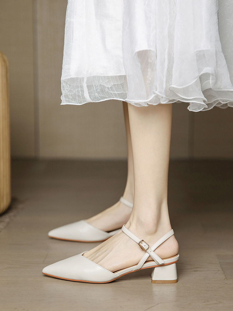 Women's Backless Chunky Heels Sandals, Minimalist One-Strap Buckle, Off-White, Summer 2025 Style for Dresses