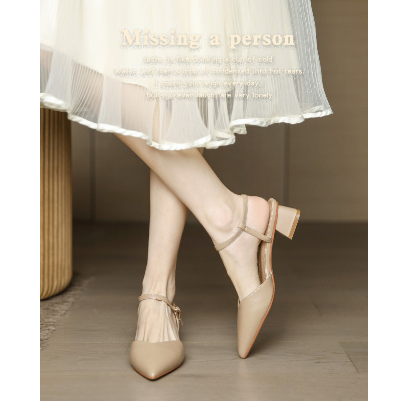 Women's Backless Chunky Heels Sandals, Minimalist One-Strap Buckle, Off-White, Summer 2025 Style for Dresses