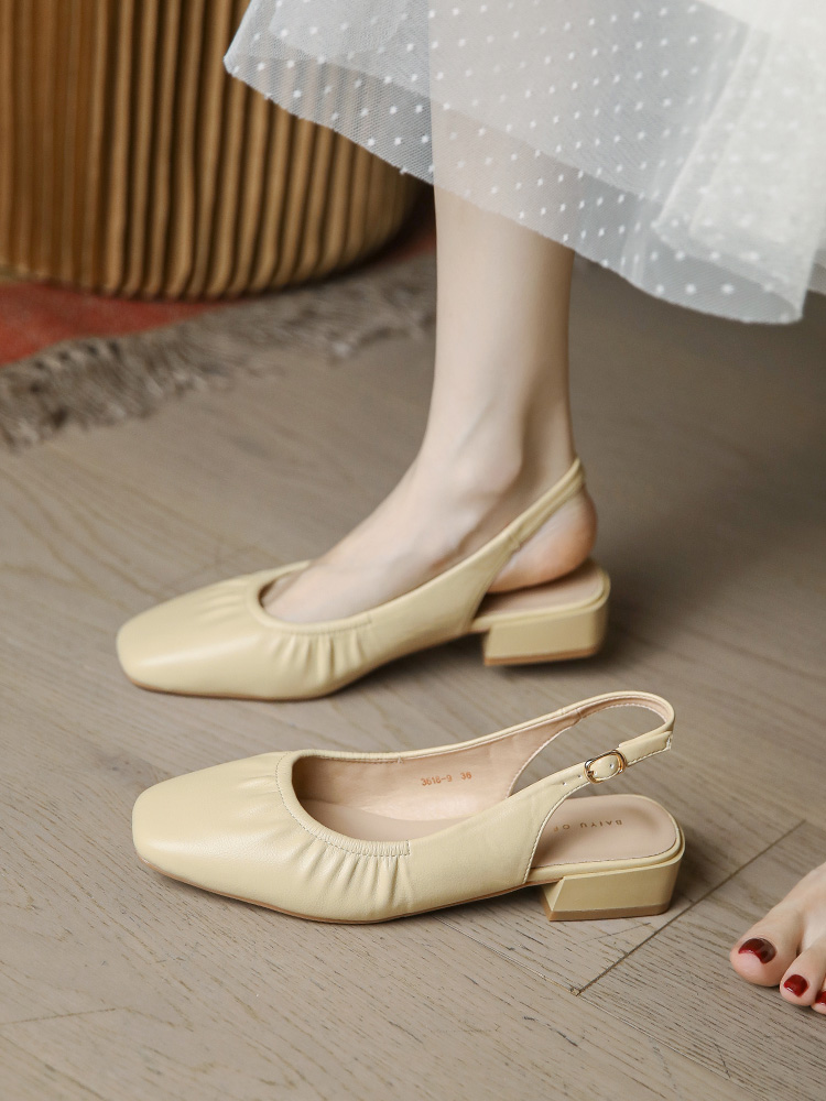 Women's Backless Flat Sandals with Low Heel, Comfortable Soft Leather One-Strap Buckle, French Style Summer Footwear