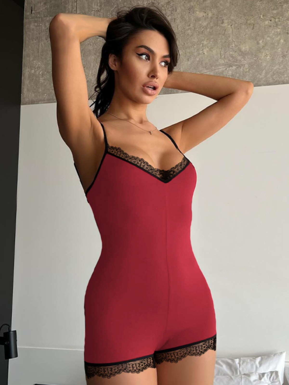 Women's Backless Floral Lace Spliced V-Neck Jumpsuit - Casual Slim Fit Shorts, European American Style, Y2K Fashion