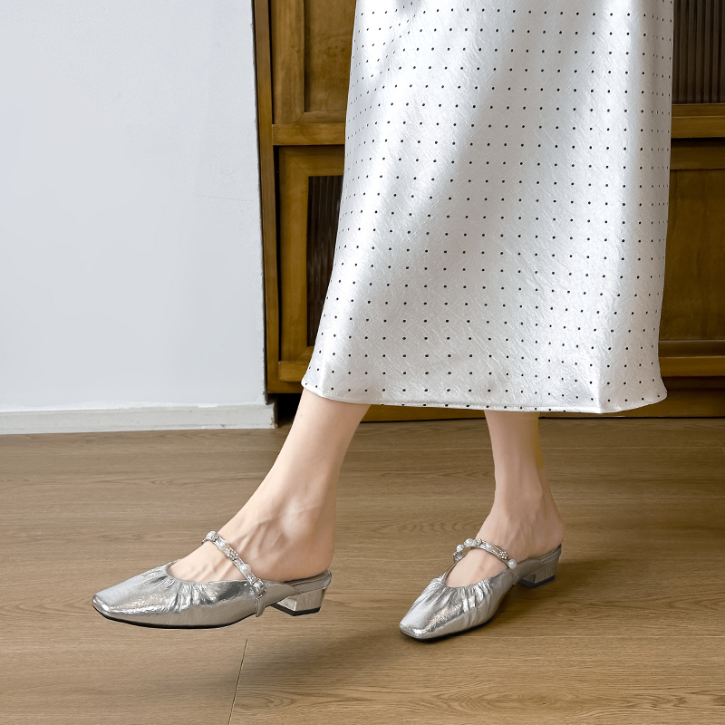 Womenâ€™s Baotou Small Heel Slippers - 2025 Summer Outdoor Wear, Silver High-End Style, Trendy Lazy Shoes for Skirts