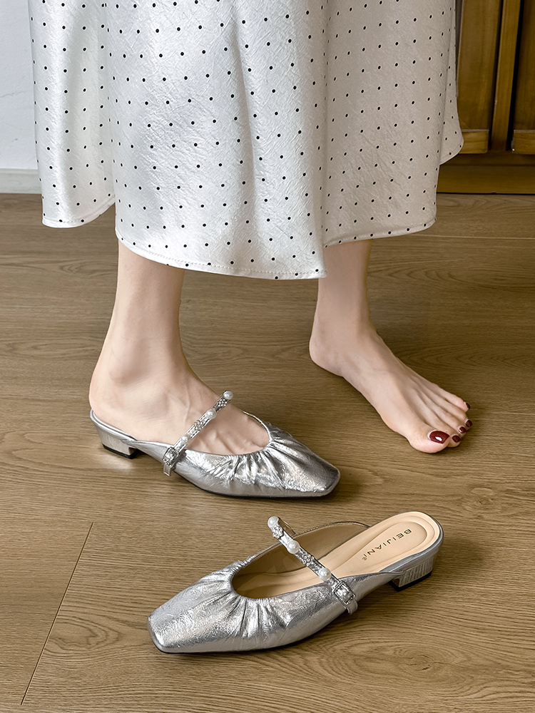 Womenâ€™s Baotou Small Heel Slippers - 2025 Summer Outdoor Wear, Silver High-End Style, Trendy Lazy Shoes for Skirts