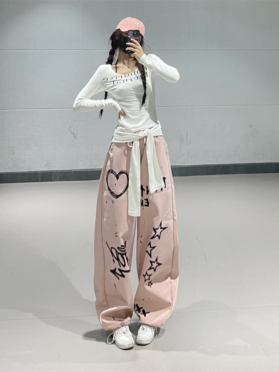 Women's Black Graffiti Sweatpants - Hip-Hop Street Dance Casual Loose Straight-Leg Pants for Versatile Y2K Style Women's Black Graffiti Sweatpants - Hip-Hop Street Dance Casual Loose Straight-Leg Pants for Versatile Y2K Style