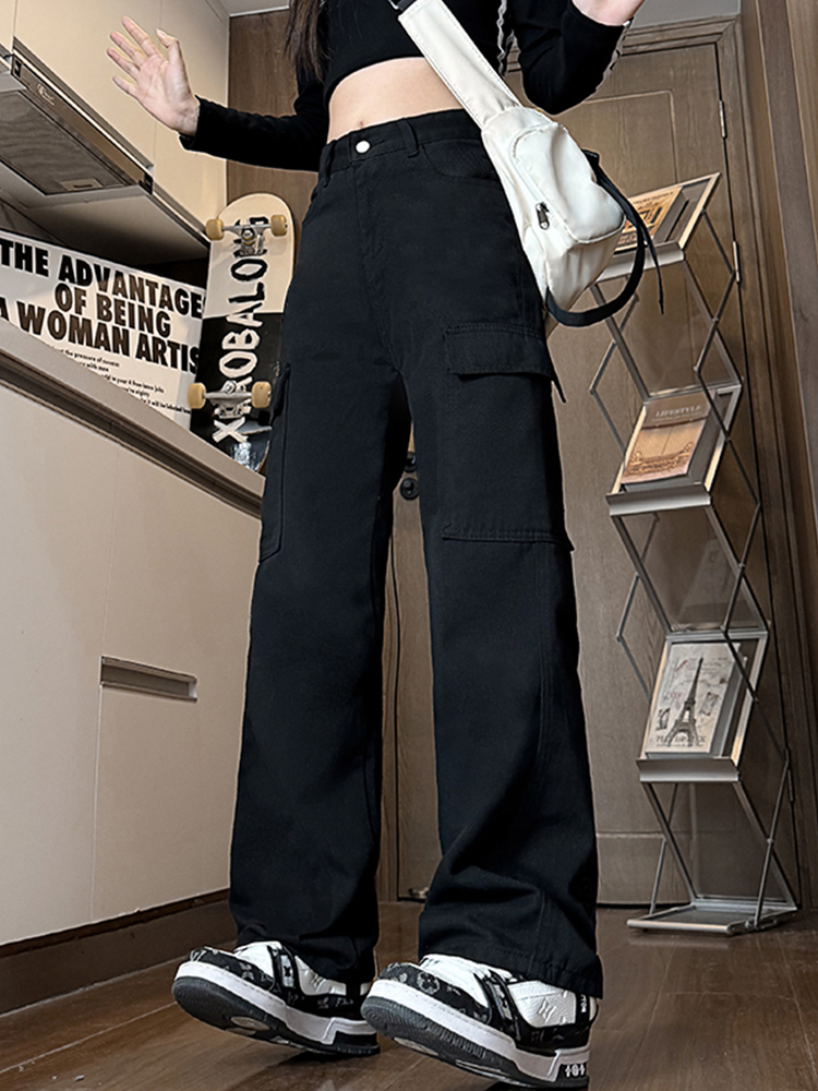 Women's Black High-Waisted Wide-Leg Jeans - Casual Slim-Fit American Workwear Style, Versatile Floor-Length Design Women's Black High-Waisted Wide-Leg Jeans - Casual Slim-Fit American Workwear Style, Versatile Floor-Length Design