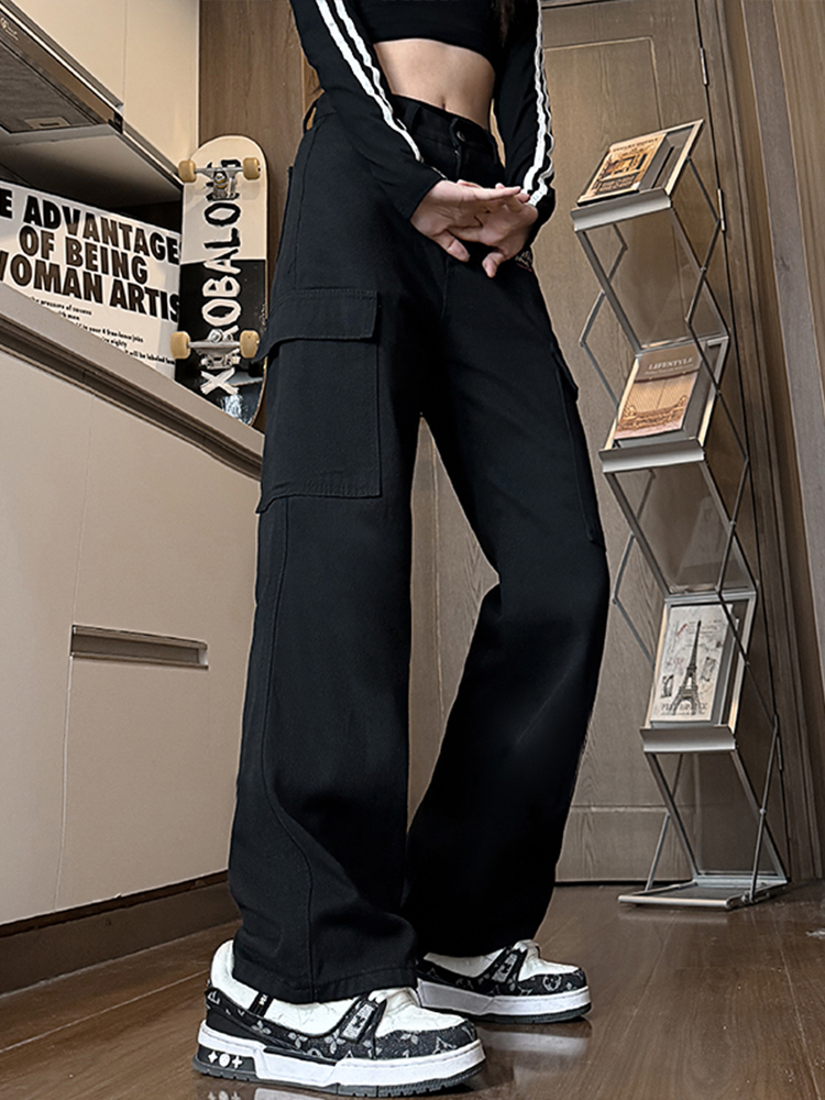 Women's Black High-Waisted Wide-Leg Jeans - Casual Slim-Fit American Workwear Style, Versatile Floor-Length Design Women's Black High-Waisted Wide-Leg Jeans - Casual Slim-Fit American Workwear Style, Versatile Floor-Length Design