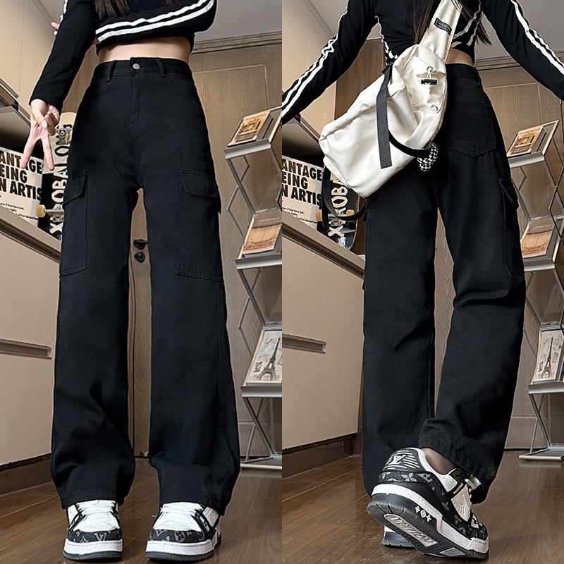 Women's Black High-Waisted Wide-Leg Jeans - Casual Slim-Fit American Workwear Style, Versatile Floor-Length Design