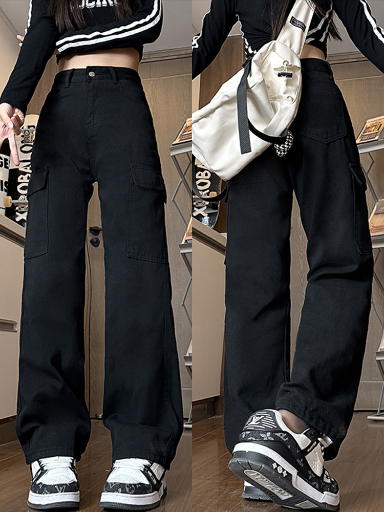 Women's Black High-Waisted Wide-Leg Jeans - Casual Slim-Fit American Workwear Style, Versatile Floor-Length Design