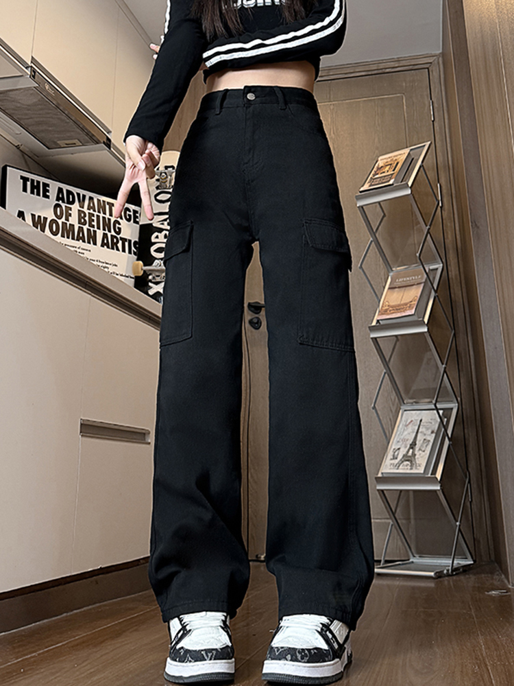 Women's Black High-Waisted Wide-Leg Jeans - Casual Slim-Fit American Workwear Style, Versatile Floor-Length Design Women's Black High-Waisted Wide-Leg Jeans - Casual Slim-Fit American Workwear Style, Versatile Floor-Length Design
