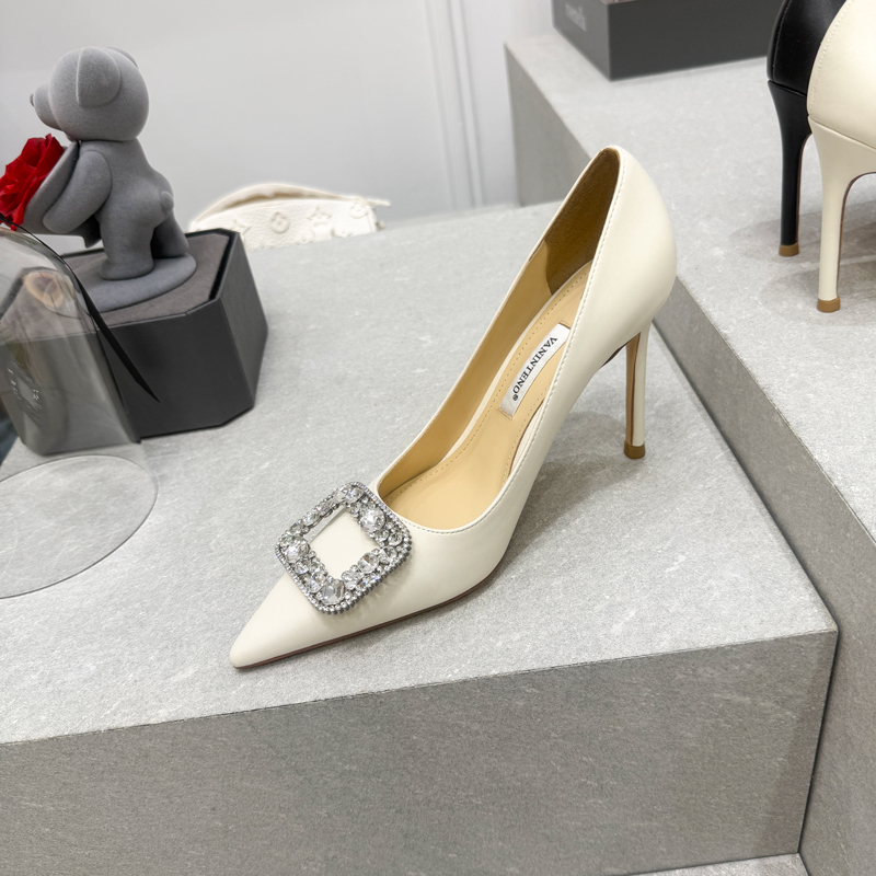 Women's Black Matte Pointed Toe High Heels with Rhinestone Square Buckle - Comfortable Fashion Shoes