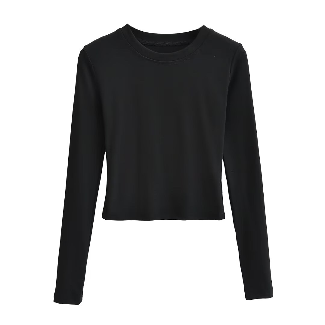 Women's Black Round Neck Long Sleeve Base Layer Top - 2025 Autumn Versatile Essential T-Shirt for Layering Women's Black Round Neck Long Sleeve Base Layer Top - 2025 Autumn Versatile Essential T-Shirt for Layering