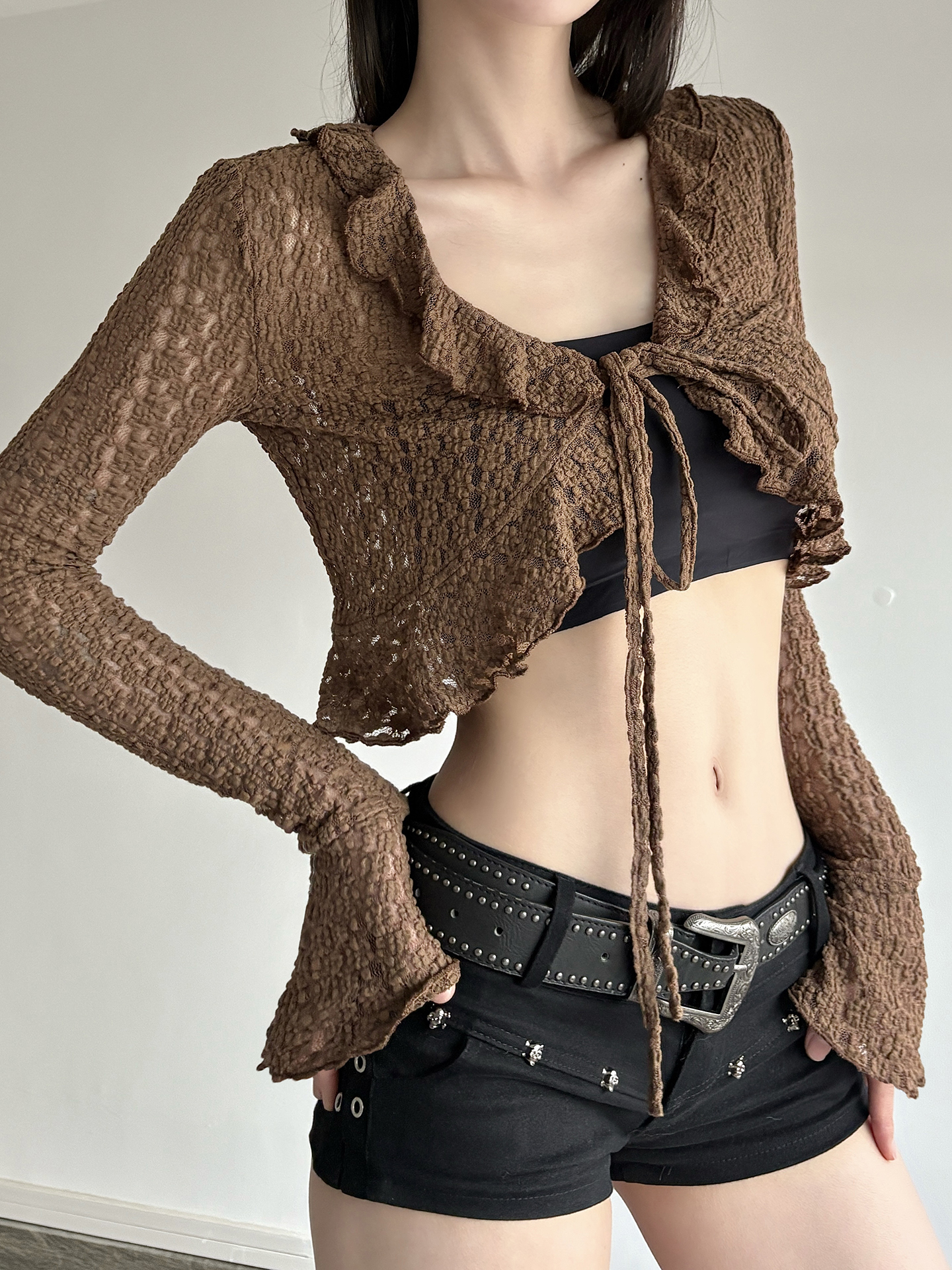 Women's Brown Ruffled Lace-Up Cardigan T-Shirt with Slim Fit and Short Flared Sleeves - Trendy Y2K Style Top