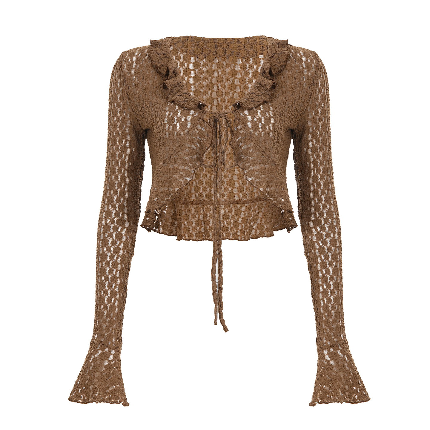 Women's Brown Ruffled Lace-Up Cardigan T-Shirt with Slim Fit and Short Flared Sleeves - Trendy Y2K Style Top