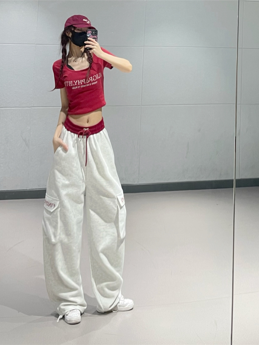 Women's Burgundy Splicing Cargo Pants - Jazz Dance Two-Piece Sports Set with Elastic Waist, Casual Sweatpants, Y2K Style