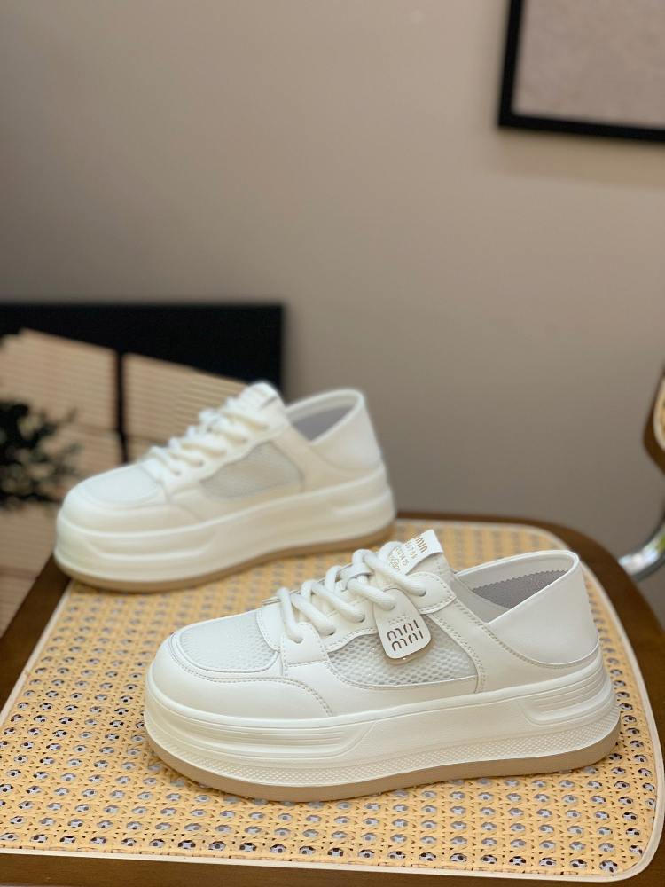 Women's Casual Lace-Up Breathable White Sneakers with Thick Soles - Genuine Leather, Versatile Summer 2025 Style, Trendy Footwear