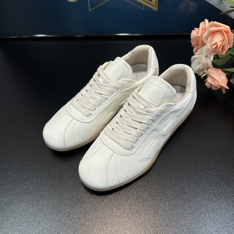 Women's Casual Lace-Up Flat Sneakers in Genuine Leather - 2025 Spring/Summer Cowhide Shoes, Trendy Harbor Style