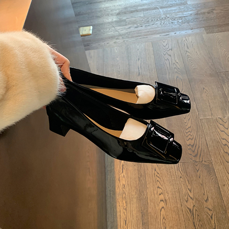 Women's Chunky Heel Square Toe Shallow Mouth Shoes - French Style Mid-Heel Commuting Work Shoes for Spring and Autumn 2025