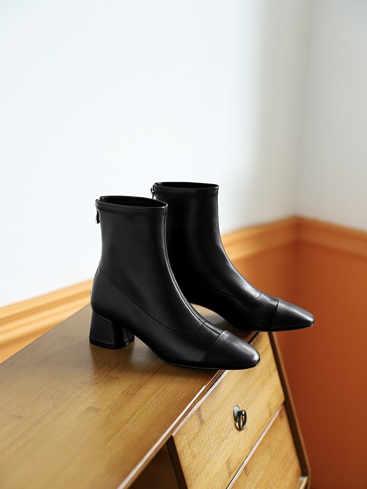 Womenâ€™s Chunky Heeled Color-Block Short Boots, Genuine Leather Mid-Calf Booties for Autumn Winter, Stylish Nude Footwear