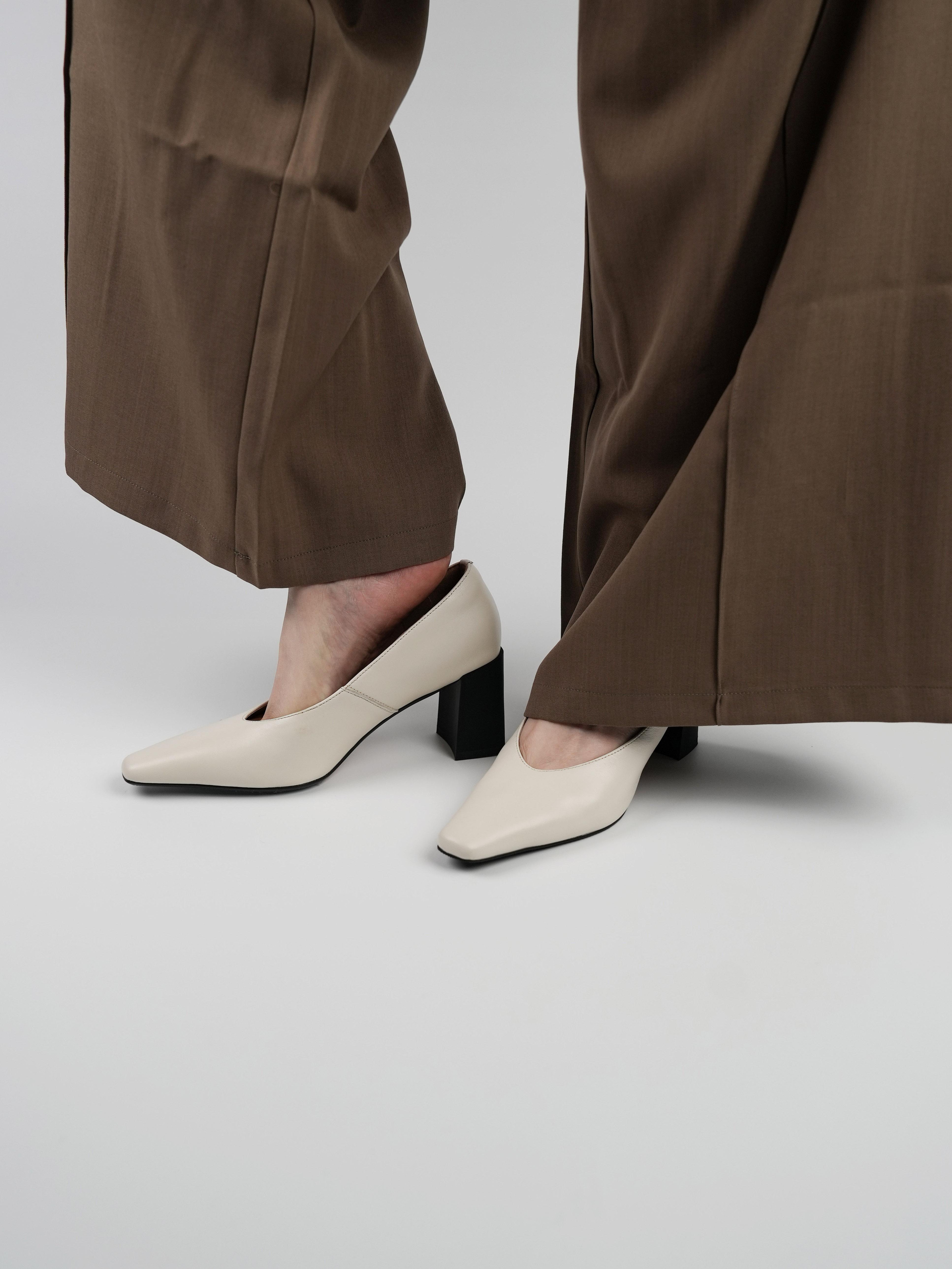 Women's Chunky High Heel Shoes - Elegant White Office Footwear, Shallow Mouth Design, Slimming Style for All Seasons