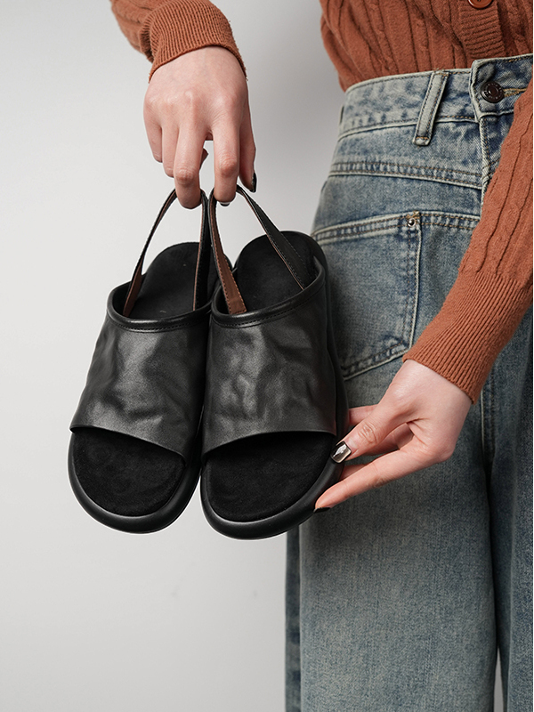 Women's Comfortable Leather Flat Casual Sandals - Thick-Soled Open-Toe Beach Shoes for Summer Vacation Travel