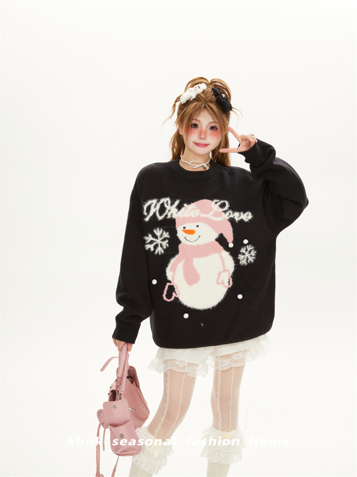 Women's Cute Cartoon Snowman Jacquard Sweater, Loose-Fitting Round Neck Knit Top for a Relaxed Y2K Winter Look