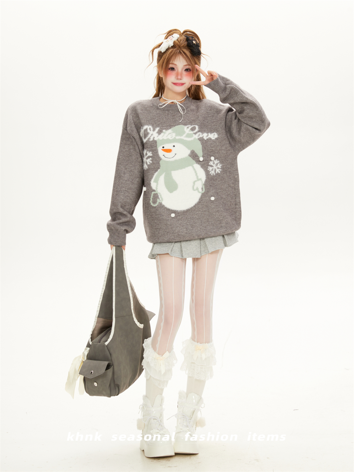 Women's Cute Cartoon Snowman Jacquard Sweater, Loose-Fitting Round Neck Knit Top for a Relaxed Y2K Winter Look