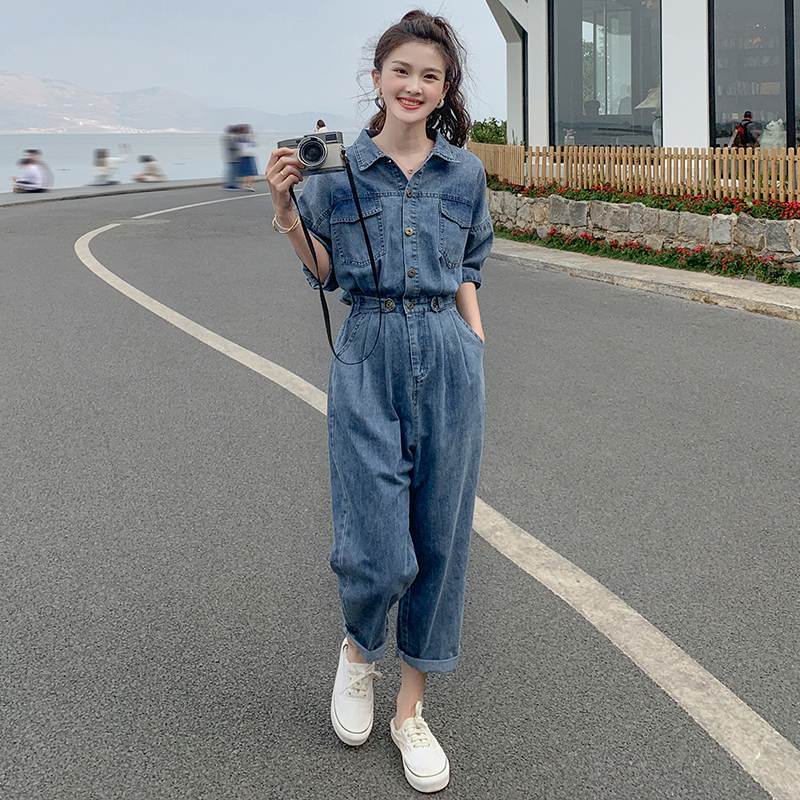 Women's Denim Jumpsuit - Trendy Spring Summer 2025 Outfit, Chic Fit for Petite Figures, Y2K Inspired Style