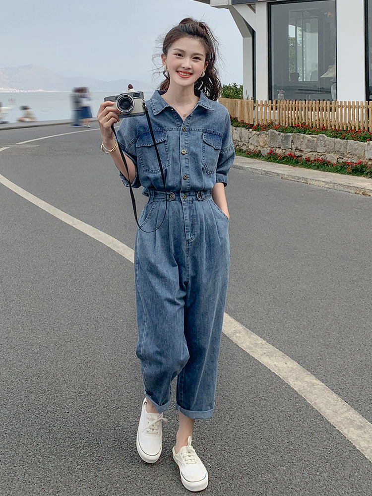 Women's Denim Jumpsuit - Trendy Spring Summer 2025 Outfit, Chic Fit for Petite Figures, Y2K Inspired Style