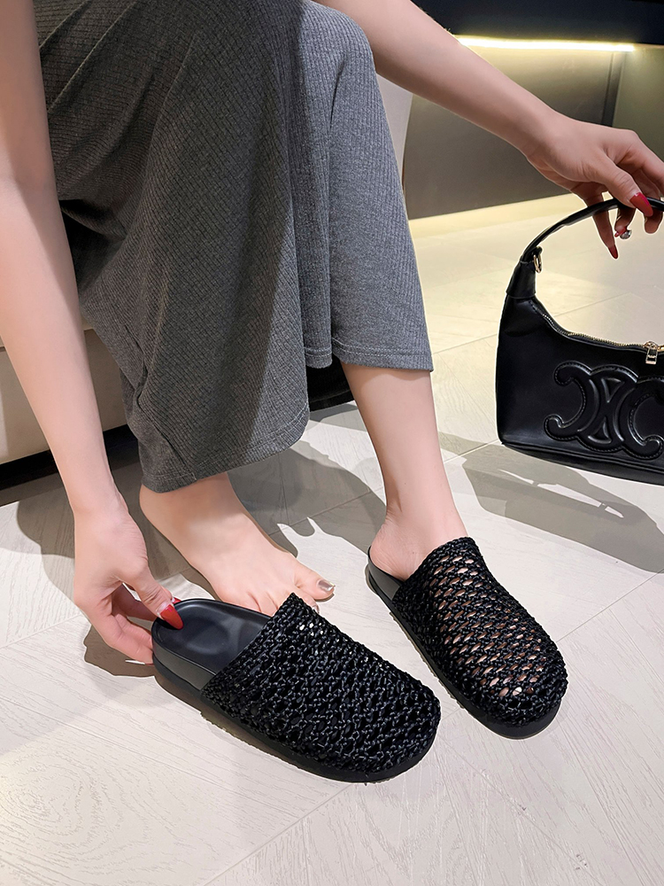 Women's European-Style Woven Hollow-Out Sandals - Summer Slip-On Closed-Toe Mesh Shoes with Thick Sole