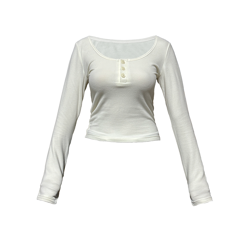 Women's Fitted Long Sleeve Top with Half-Round Henry Collar â€“ Skin-Friendly Design for Casual Chic Style