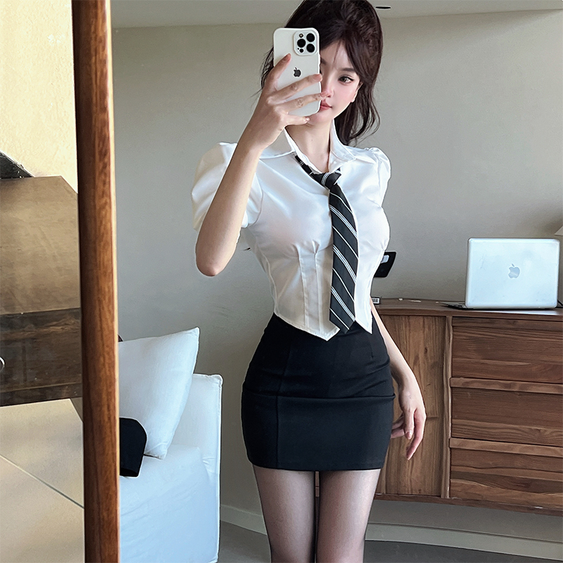 Women's Fitted Short-Sleeve White Shirt and Pencil Skirt Set - Professional Beauty Salon Work Uniform Women's Fitted Short-Sleeve White Shirt and Pencil Skirt Set - Professional Beauty Salon Work Uniform