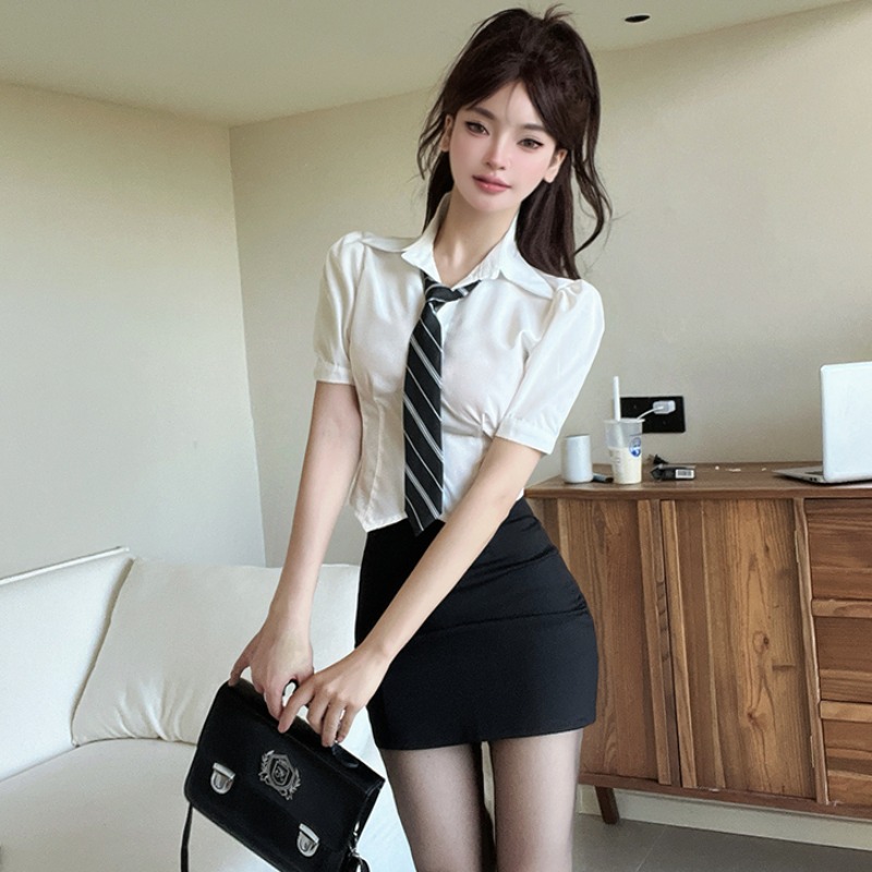 Women's Fitted Short-Sleeve White Shirt and Pencil Skirt Set - Professional Beauty Salon Work Uniform