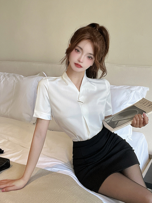 Women's Fitted V-Neck Short Sleeve White Shirt & Bodycon Short Skirt - Sexy Professional Uniform for Hotel Front Desk & Foot Massage Women's Fitted V-Neck Short Sleeve White Shirt & Bodycon Short Skirt - Sexy Professional Uniform for Hotel Front Desk & Foot Massage