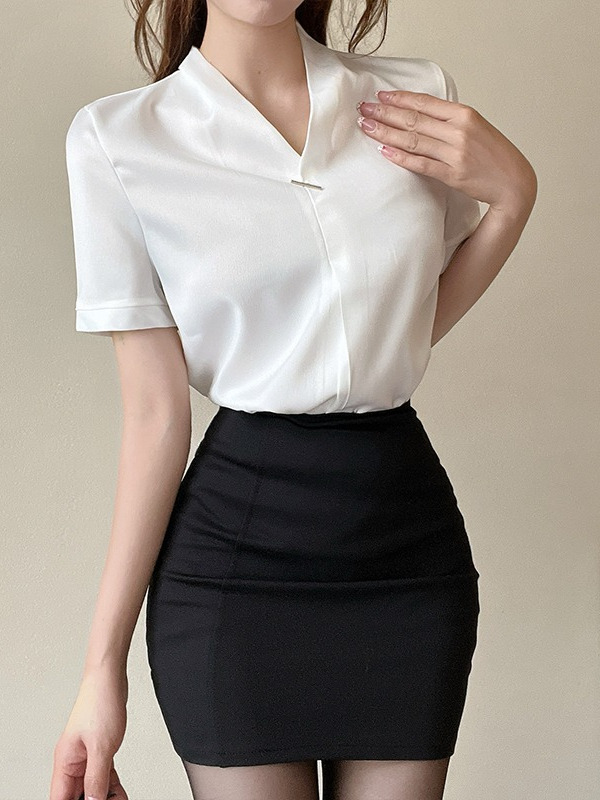 Women's Fitted V-Neck Short Sleeve White Shirt & Bodycon Short Skirt - Sexy Professional Uniform for Hotel Front Desk & Foot Massage Women's Fitted V-Neck Short Sleeve White Shirt & Bodycon Short Skirt - Sexy Professional Uniform for Hotel Front Desk & Foot Massage