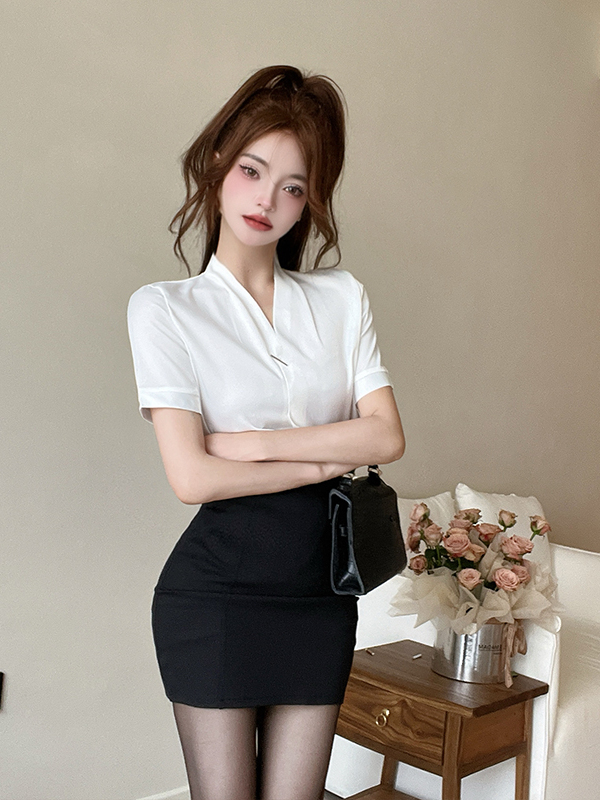 Women's Fitted V-Neck Short Sleeve White Shirt & Bodycon Short Skirt - Sexy Professional Uniform for Hotel Front Desk & Foot Massage Women's Fitted V-Neck Short Sleeve White Shirt & Bodycon Short Skirt - Sexy Professional Uniform for Hotel Front Desk & Foot Massage